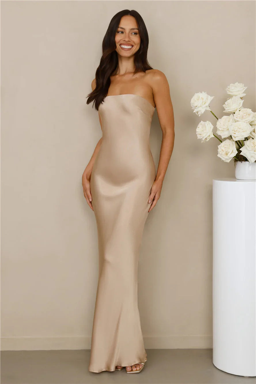 The Felicity Strapless Satin Maxi Dress Champagne